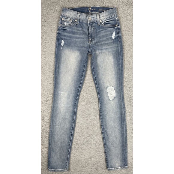 7 For All Mankind Gwenevere Skinny Stretch Jeans Womens 24x29 Blue Distressed - Picture 1 of 10
